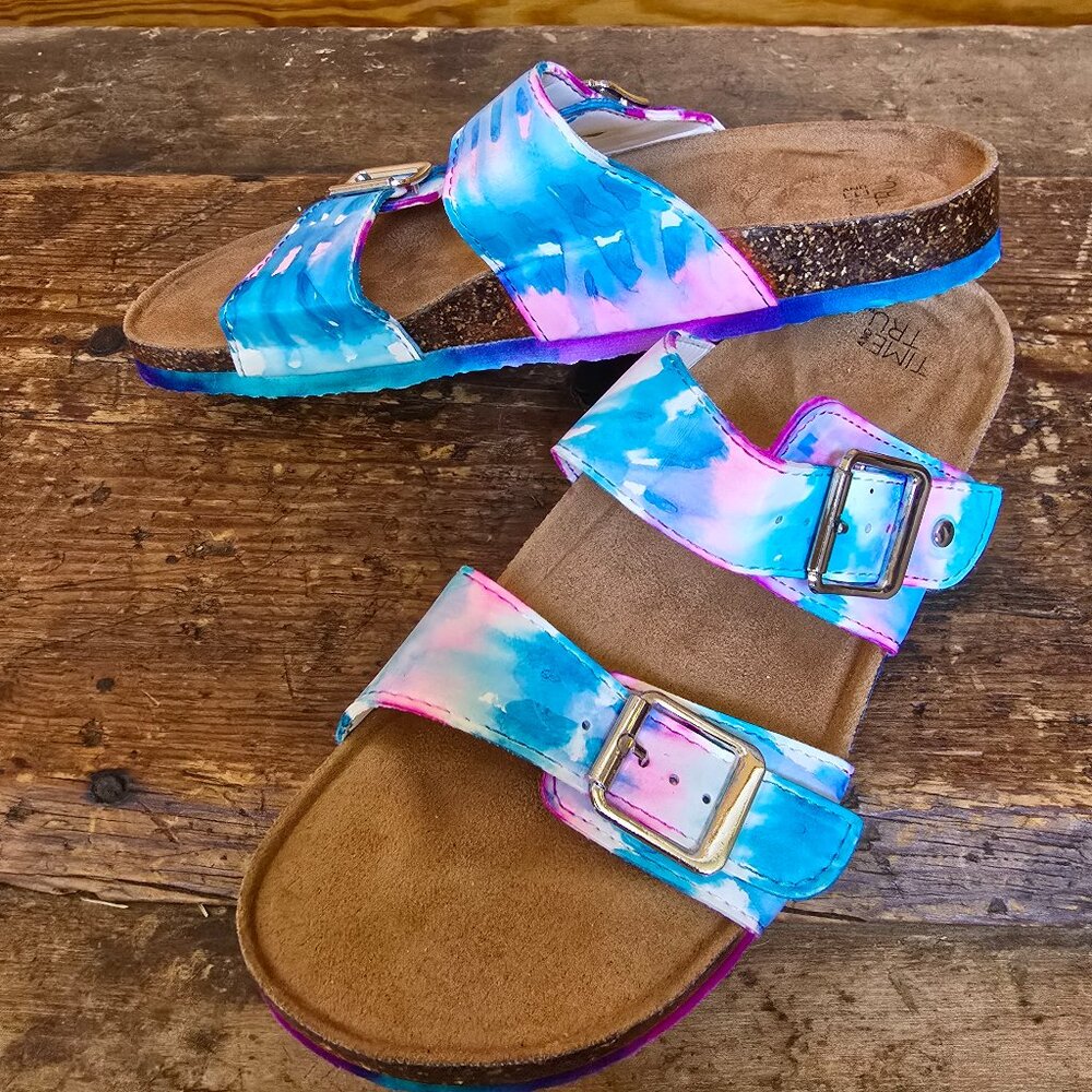 Never worn size 8 hand-colored tie-dye Birk-style sandals!